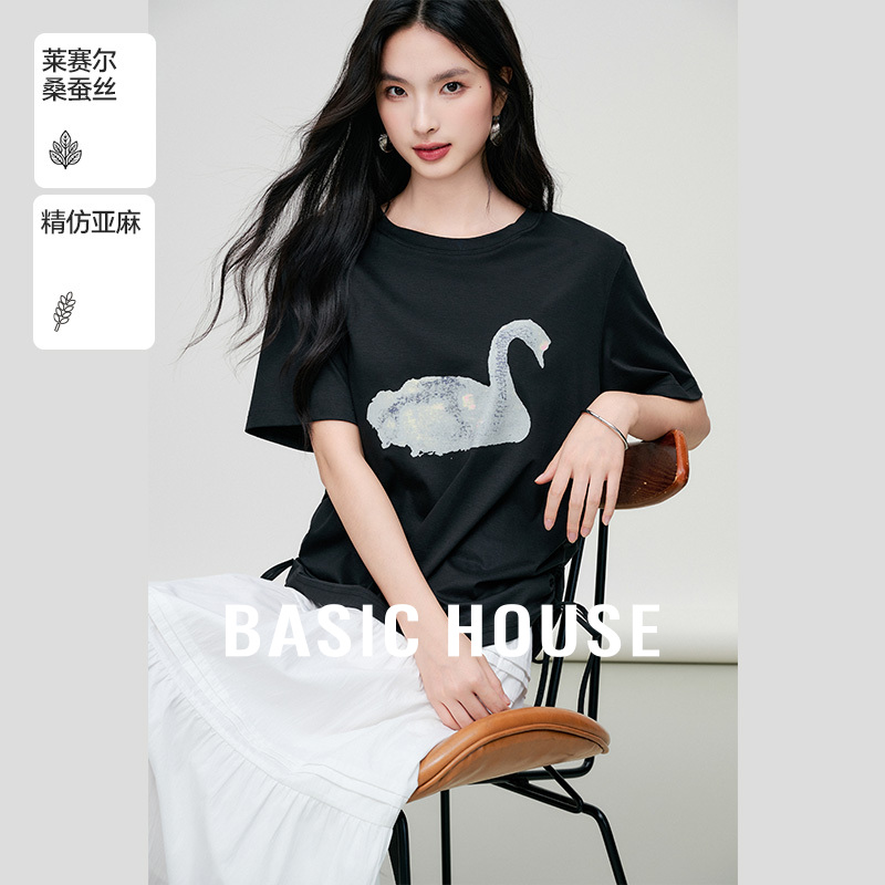 Basic House/百家好夏季新款侧边抽绳修身显瘦印花短袖圆领T恤女