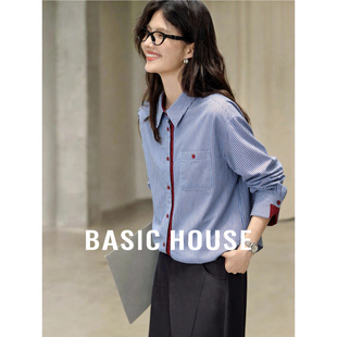 百家好蓝白细条纹撞色红边衬衫春季新款女士宽松长袖复古通勤上衣