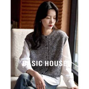 新款 春季 女士宽松拼接设计感上衣 马甲假两件衬衫 百家好灰花呢无袖