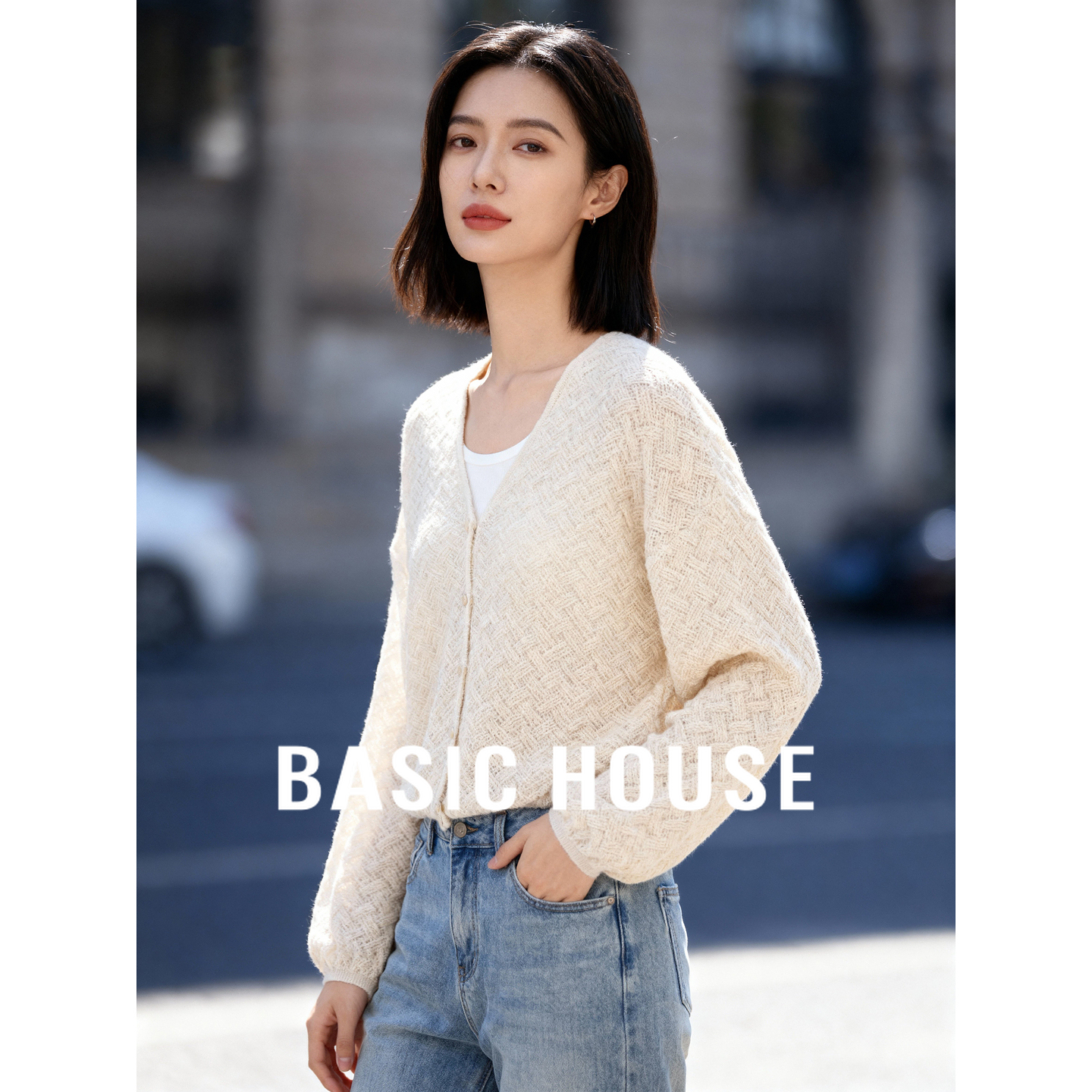 Basic House/百家好绵羊毛镂空针织衫桑蚕丝灯笼袖上衣秋季新款女