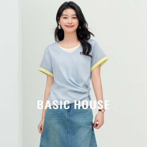 Basic House/百家好撞色短袖t恤女针织衫夏季新款薄款V领显瘦上衣