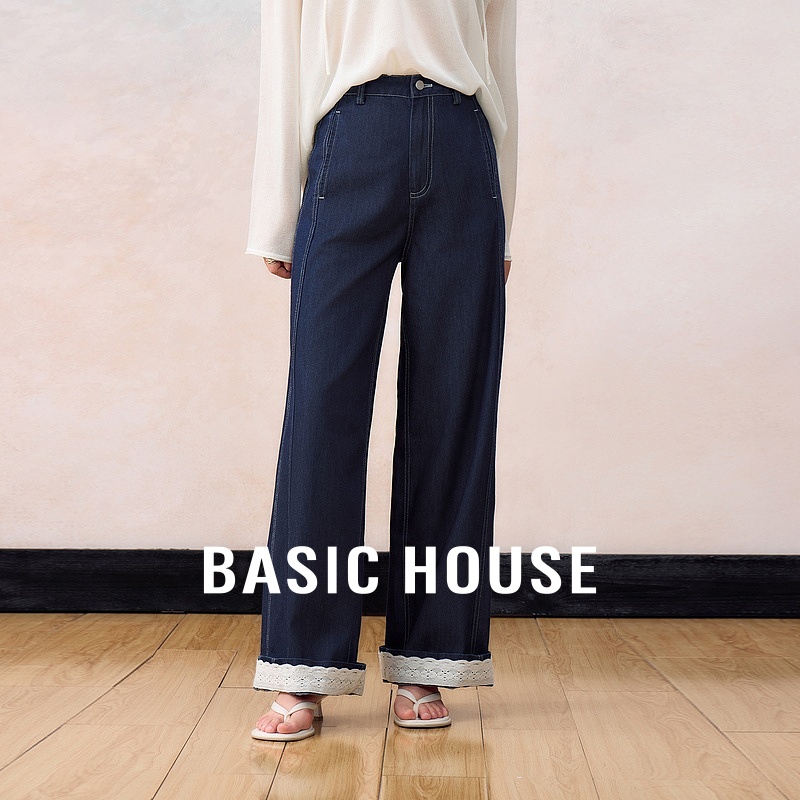 Basic House/百家好撞色蕾丝卷边牛仔裤高腰直筒阔腿裤子2025新款