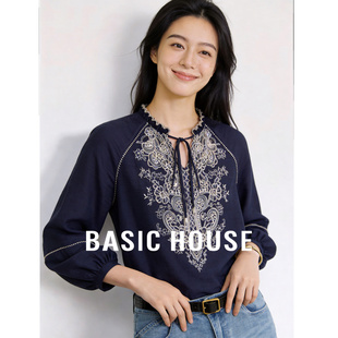 House 宽松灯笼袖 百家好复古风刺绣衬衫 新款 上衣 女2026春季 Basic