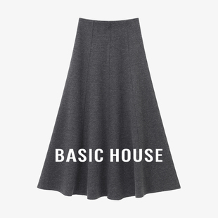 Basic House/百家好收腰A字半身裙女中长款垂感伞裙百搭气质长裙