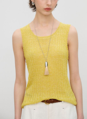 Basic House/百家好简约风黄色针织背心女秋冬无袖圆领修身针织衫