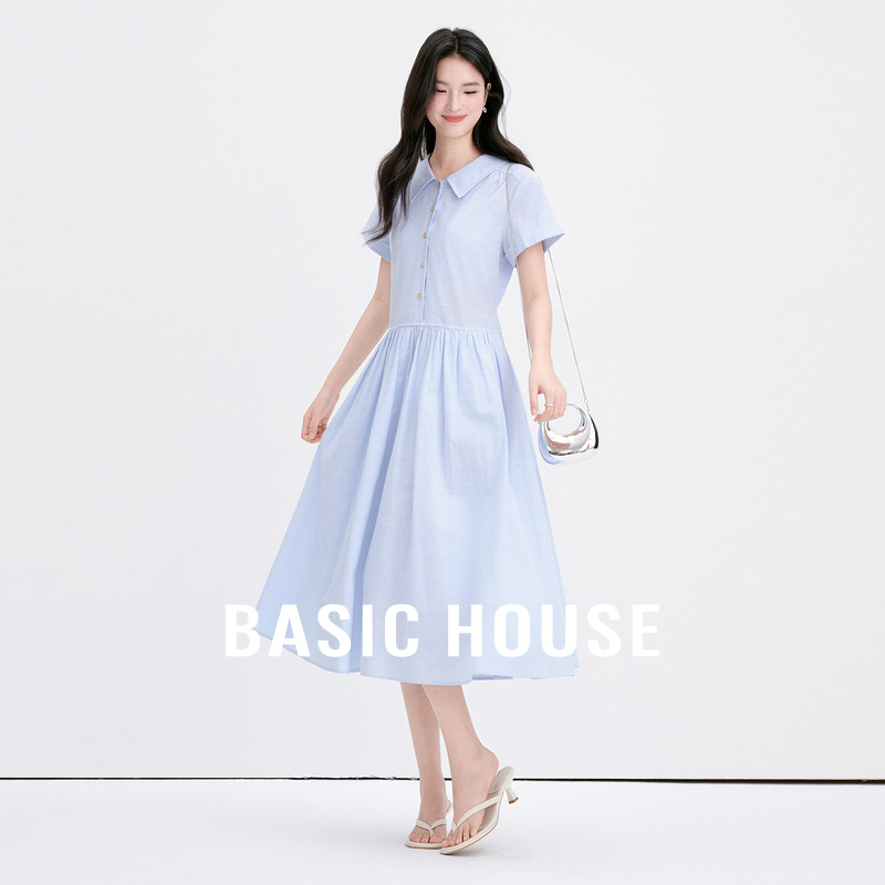 Basic House/百家好拼接polo领短袖连衣裙夏季新款透气中长款裙子
