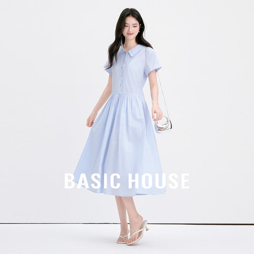Basic House/百家好拼接polo领短袖连衣裙夏季新款透气中长款裙子