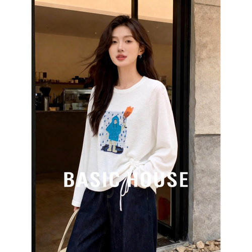 Basic House/百家好侧腰抽绳印花针织衫春季新款宽松撞色长袖上衣