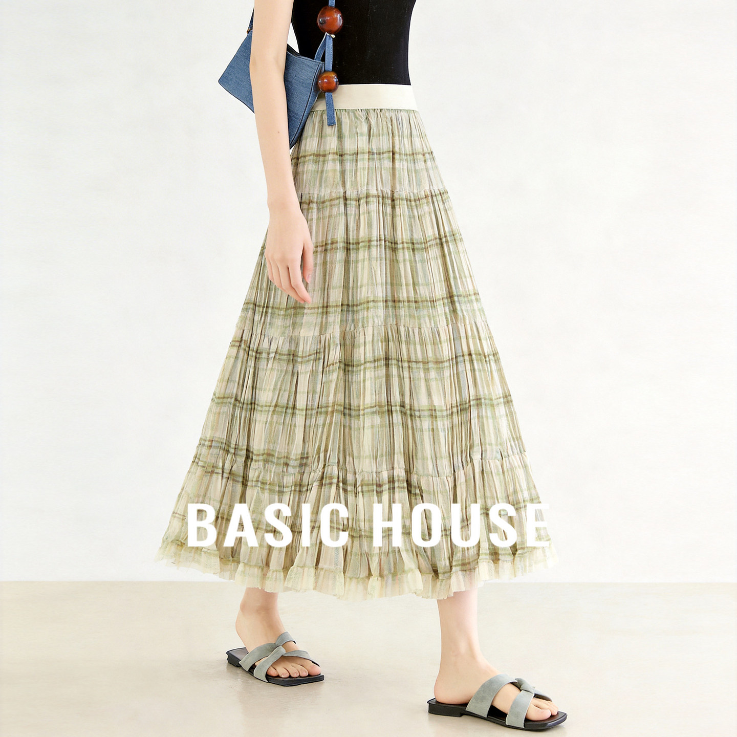 Basic House/百家好粉格蛋糕裙女夏季新款松紧腰褶皱中长款半身裙