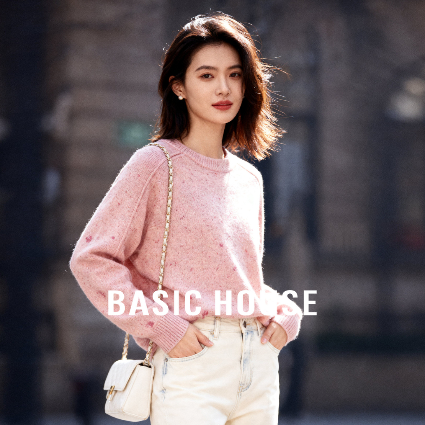 Basic House/百家好圆领慵懒风毛衣内搭女秋秋高级感插肩袖套头衫