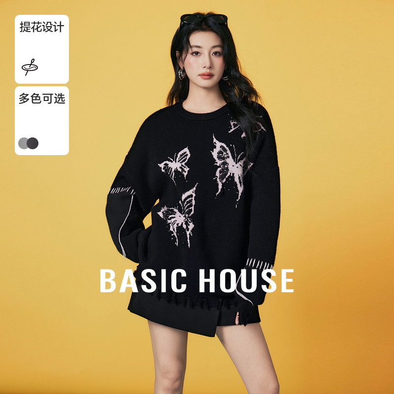 Basic House/百家好美式蝴蝶提花毛衣冬新款圆领撞色破洞套头上衣