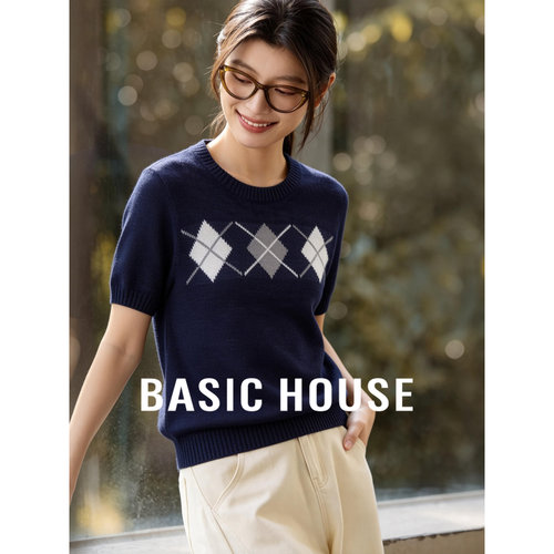 Basic House/百家好老钱学院风菱格纹短袖针织衫女夏宽松显瘦上衣