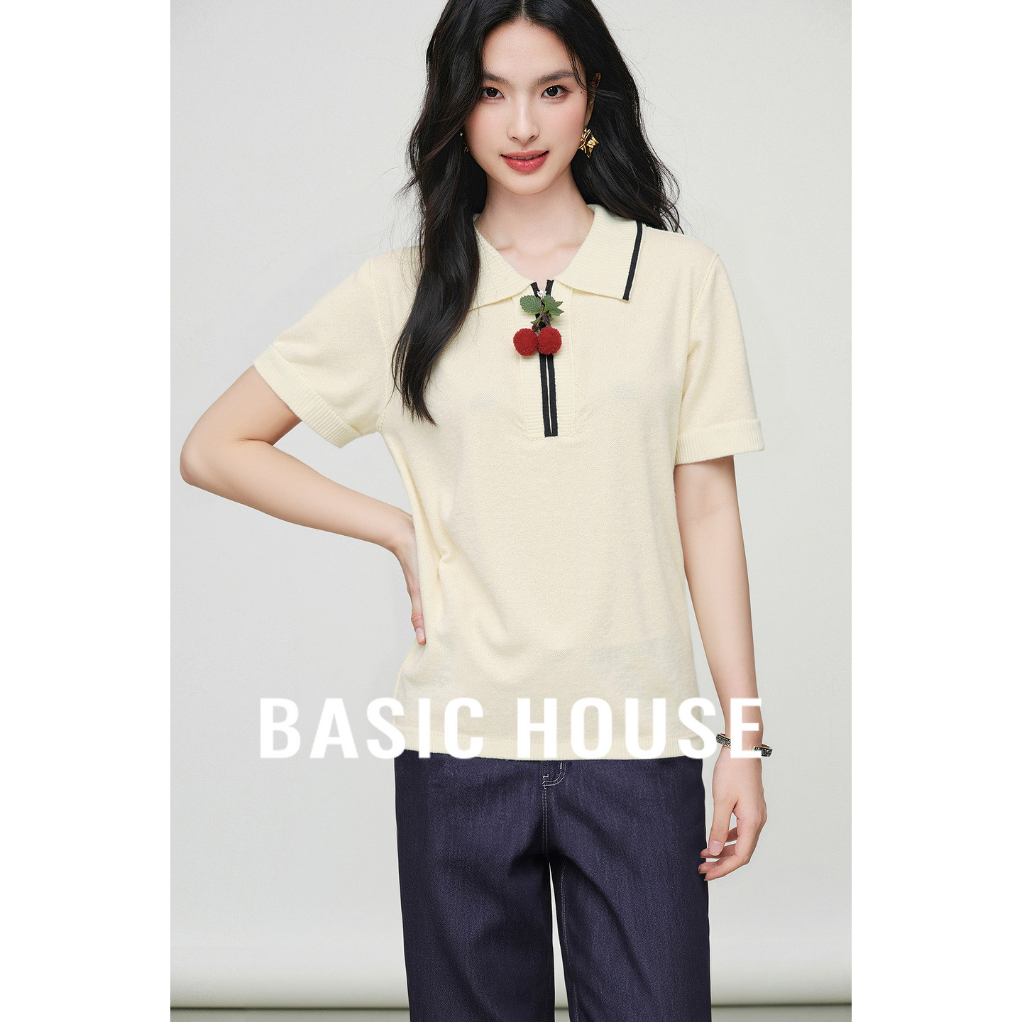 Basic House/百家好清新樱桃撞色领口设计夏季新款宽松短袖针织衫