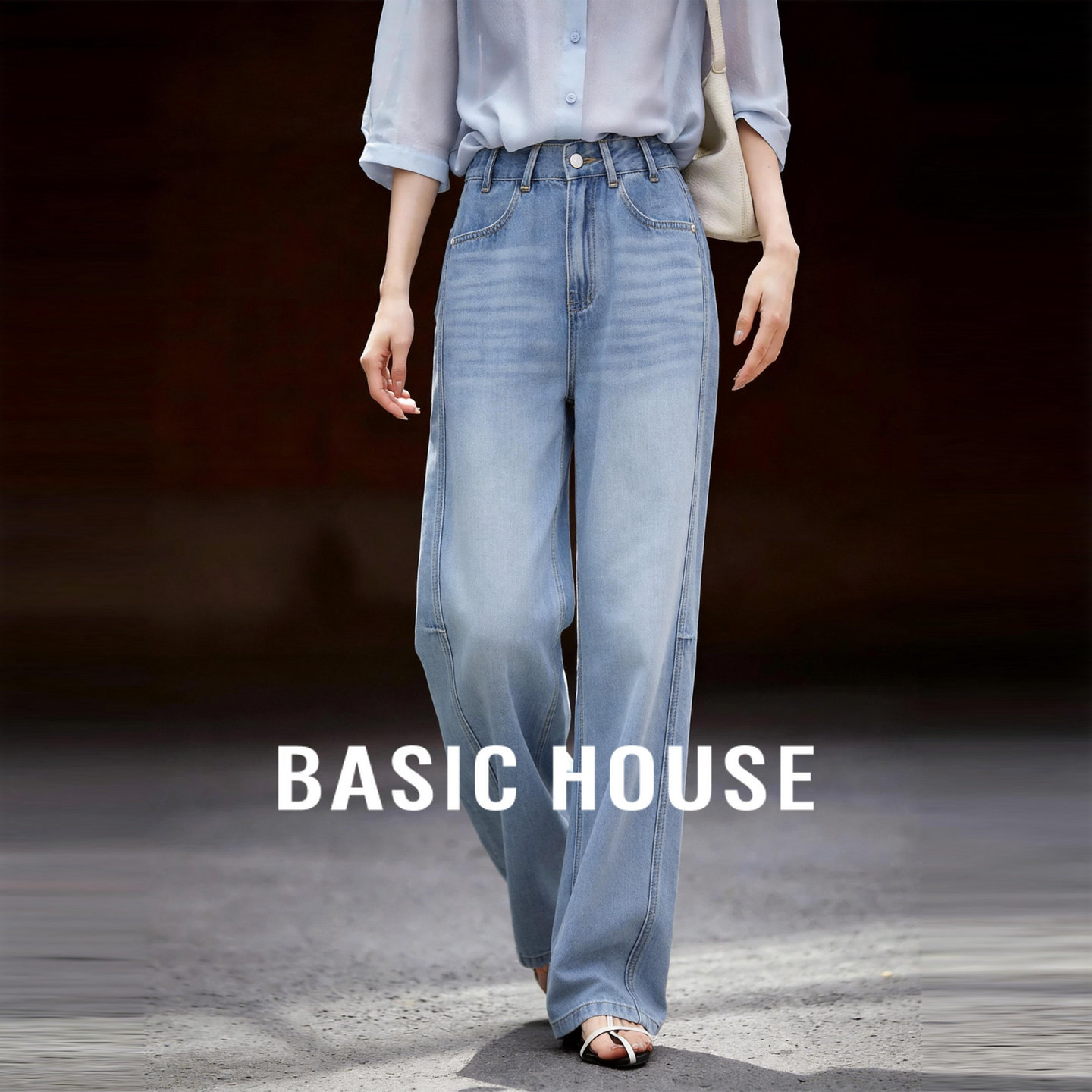 Basic House/百家好高腰阔腿牛仔裤女浅蓝水洗分割线设计感直筒裤
