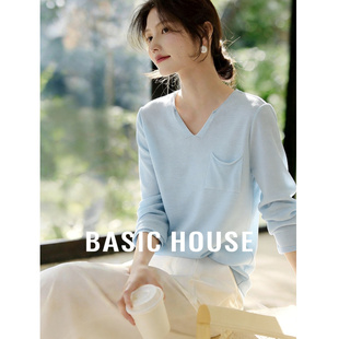 女春口袋设计宽松显瘦长袖 百家好撞色V领针织衫 上衣 House Basic