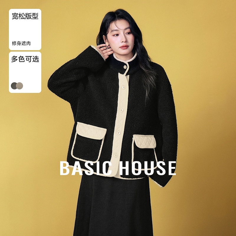 Basic House/百家好小个子摇粒绒外套高级感撞色拼接冬季新款上衣