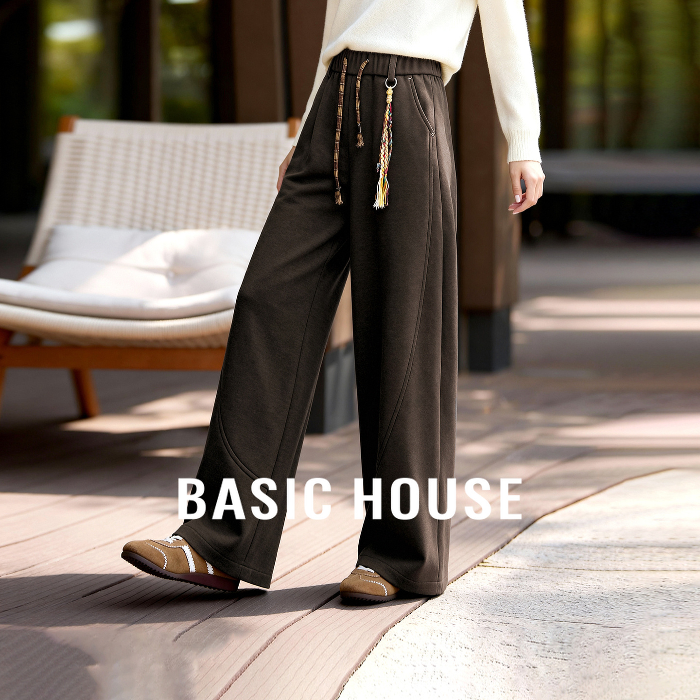 Basic House/百家好格纹系带设计感长裤女冬季复古宽松显瘦阔腿裤