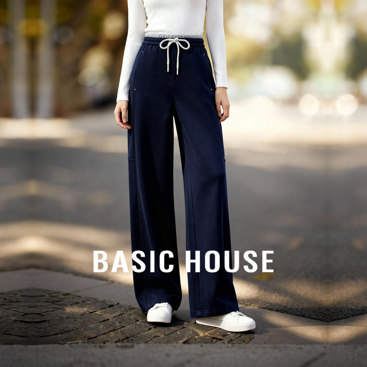 Basic House/百家好松紧腰宽松休闲裤女冬新款设计感抽绳系带长裤,女装/女士精品,休闲裤,淘宝优惠券,粉丝福利购,淘宝优惠卷