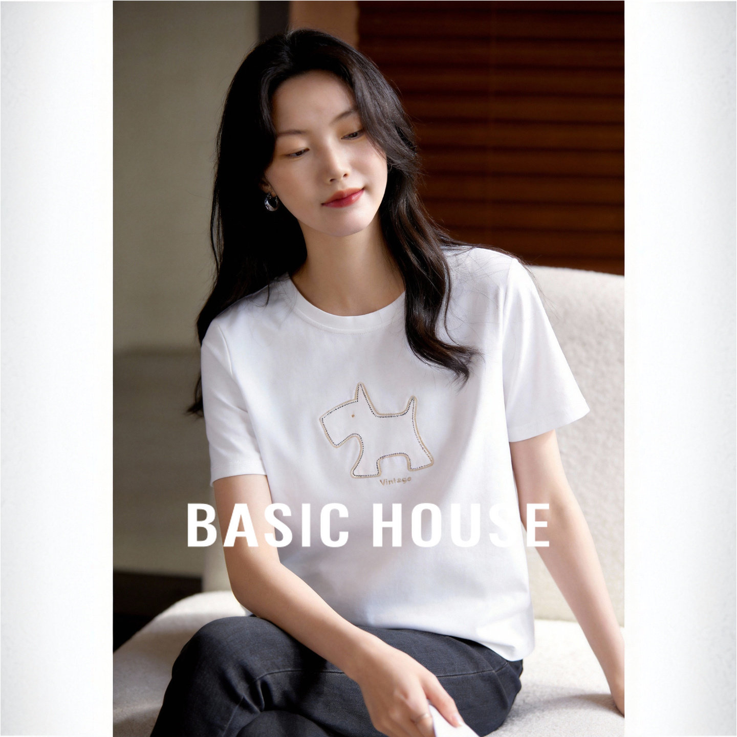 Basic House/百家好莫代尔棉白色T恤女印花圆领短袖上衣宽松百搭