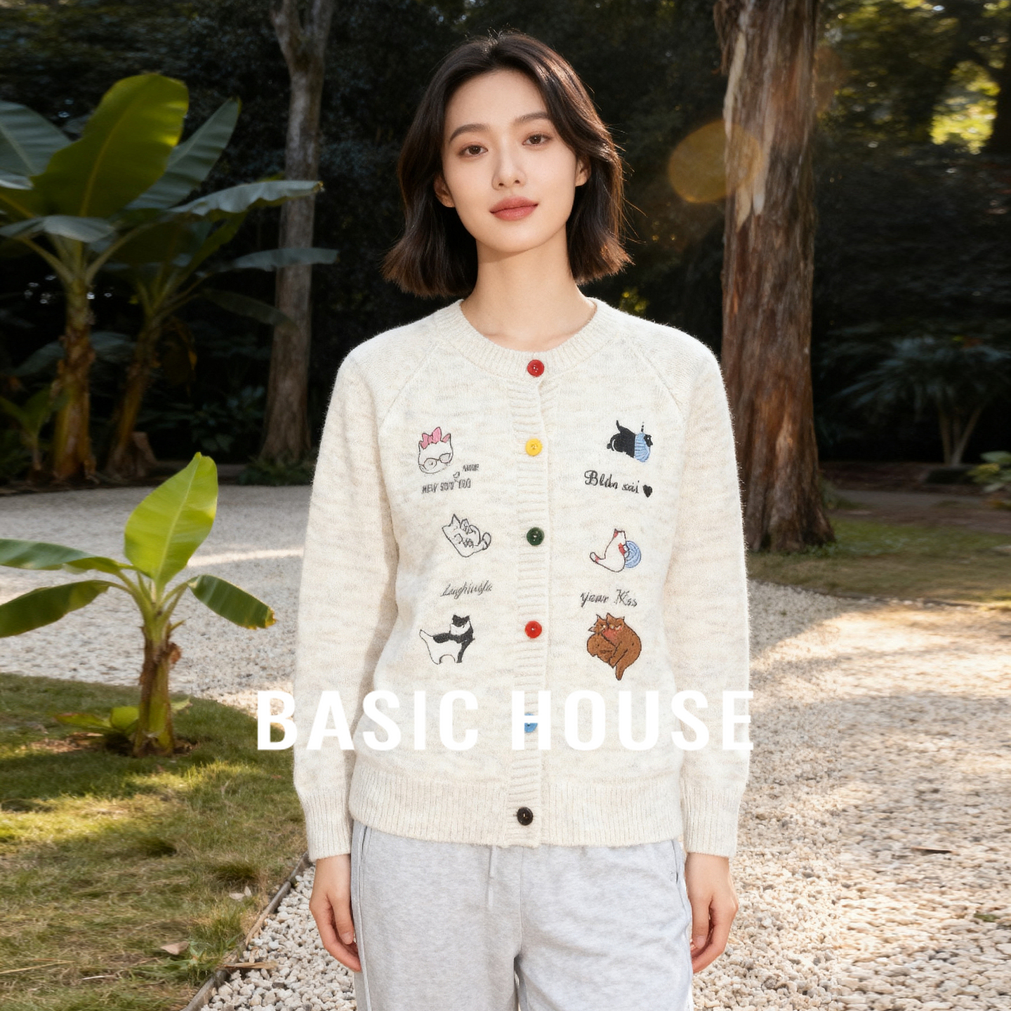 Basic House/百家好卡通刺绣毛衣冬季小个子圆领插肩袖开衫外套女