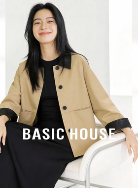Basic House/百家好撞色皮领宽松工装复古风显瘦百搭通勤上衣外套