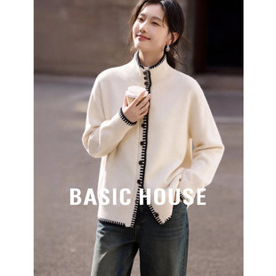 Basic House/百家好米白撞色边半高领针织开衫女春新款慵懒风毛衣