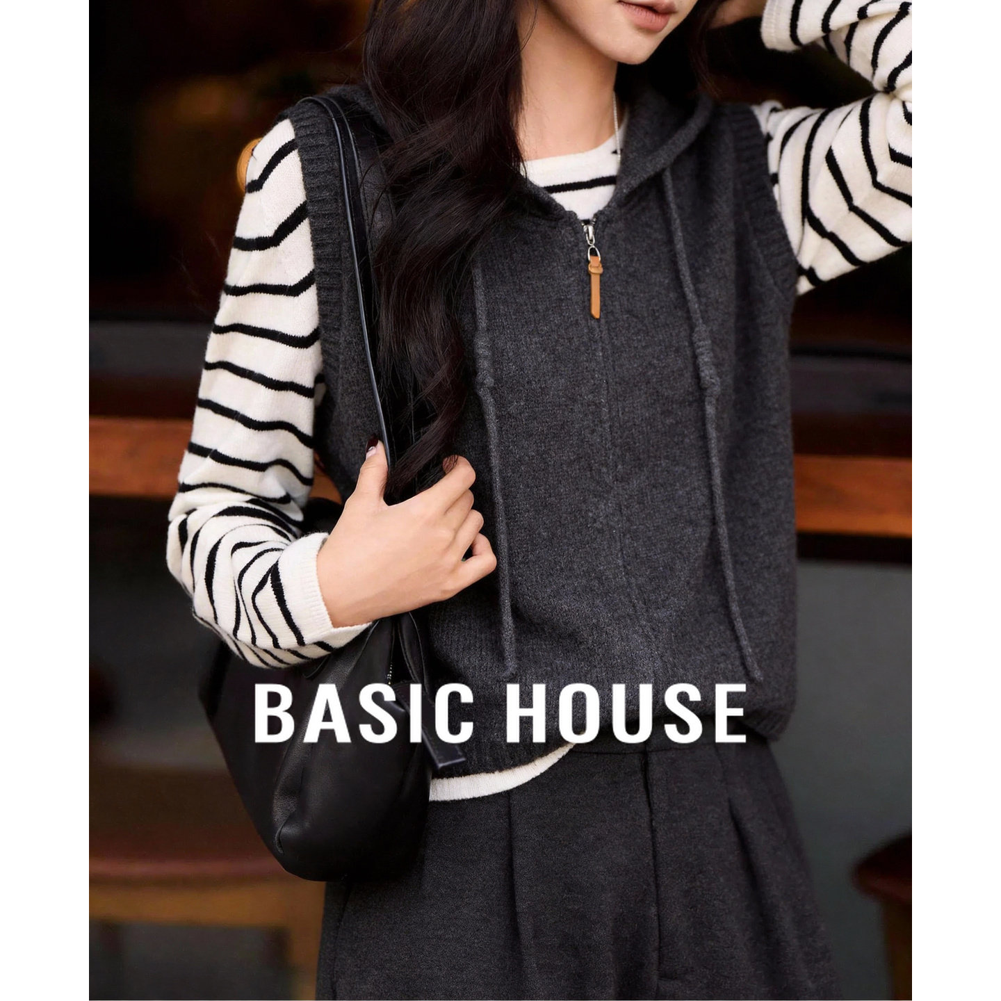 百家好拉链毛衣马甲外套春季新款女士羊毛针织衫黑色短款马夹背心