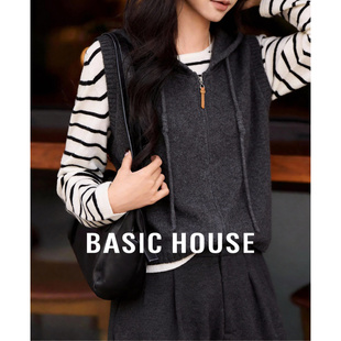 百家好拉链毛衣马甲外套冬季新款女士羊毛针织衫黑色短款马夹背心