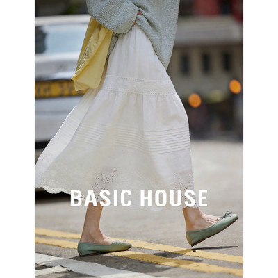 Basic House/百家好纯色蛋糕裙女高腰显瘦中长款蕾丝拼接半身裙