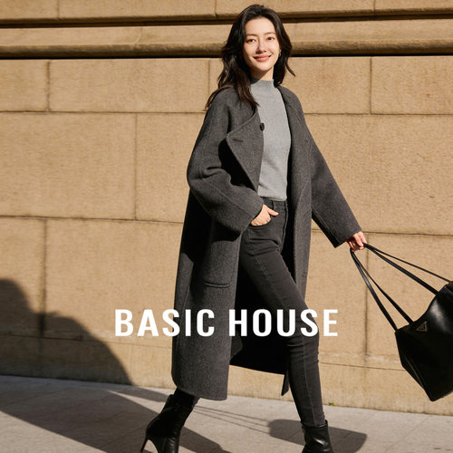 Basic House/百家好围巾黑色双面呢大衣女保暖绵羊毛中长款外套