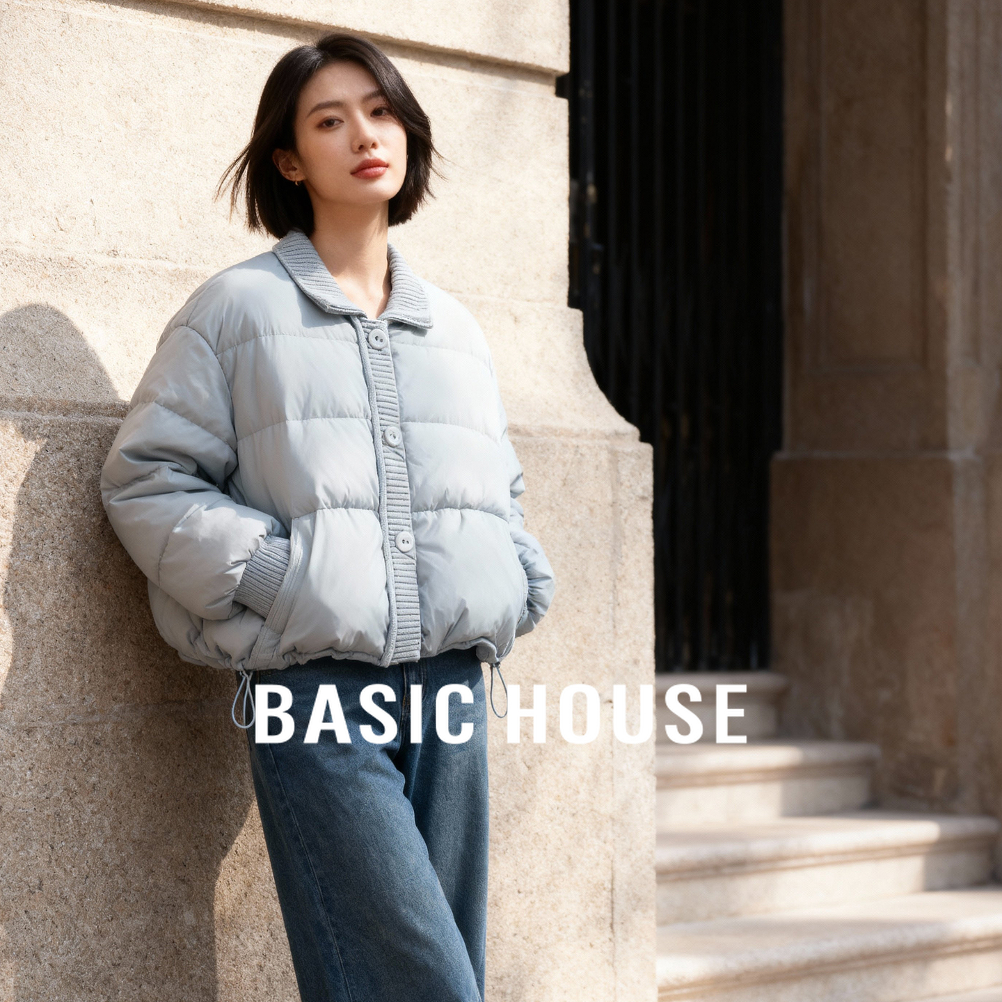 Basic House/百家好立领短款羽绒服女2025冬季新款加厚白鸭绒外套