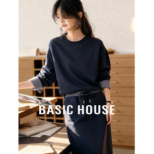 Basic House/百家好韩版复古格子拼接长袖卫衣显瘦半身裙春两件套