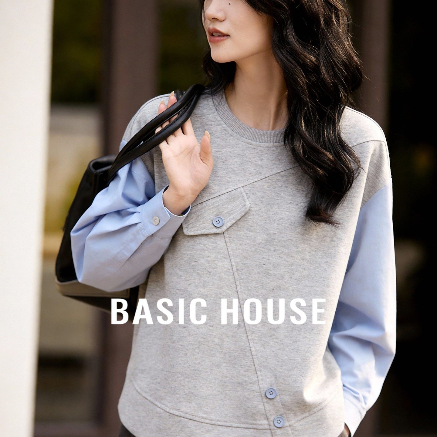 Basic House/百家好假两件拼接卫衣女撞色设计感小众圆领套头上衣