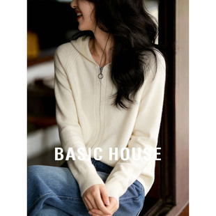 百家好白色羊毛针织帽衫外套26春季新款女士连帽上衣拉链开衫毛衣