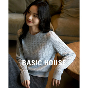 纯色套头通勤短款 百家好26春圆领绞花针织衫 羊毛上衣 House Basic