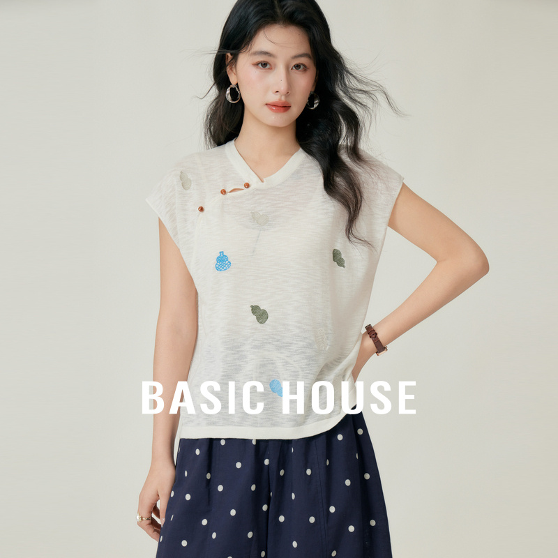 Basic House/百家好葫芦刺绣侧边盘扣针织衫夏季新中式短款上衣女