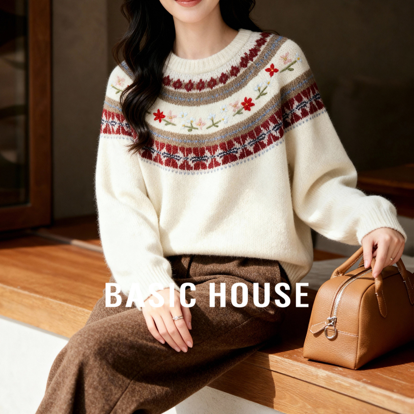Basic House/百家好秋冬费尔岛提花毛衣女圣诞复古圆领套头针织衫
