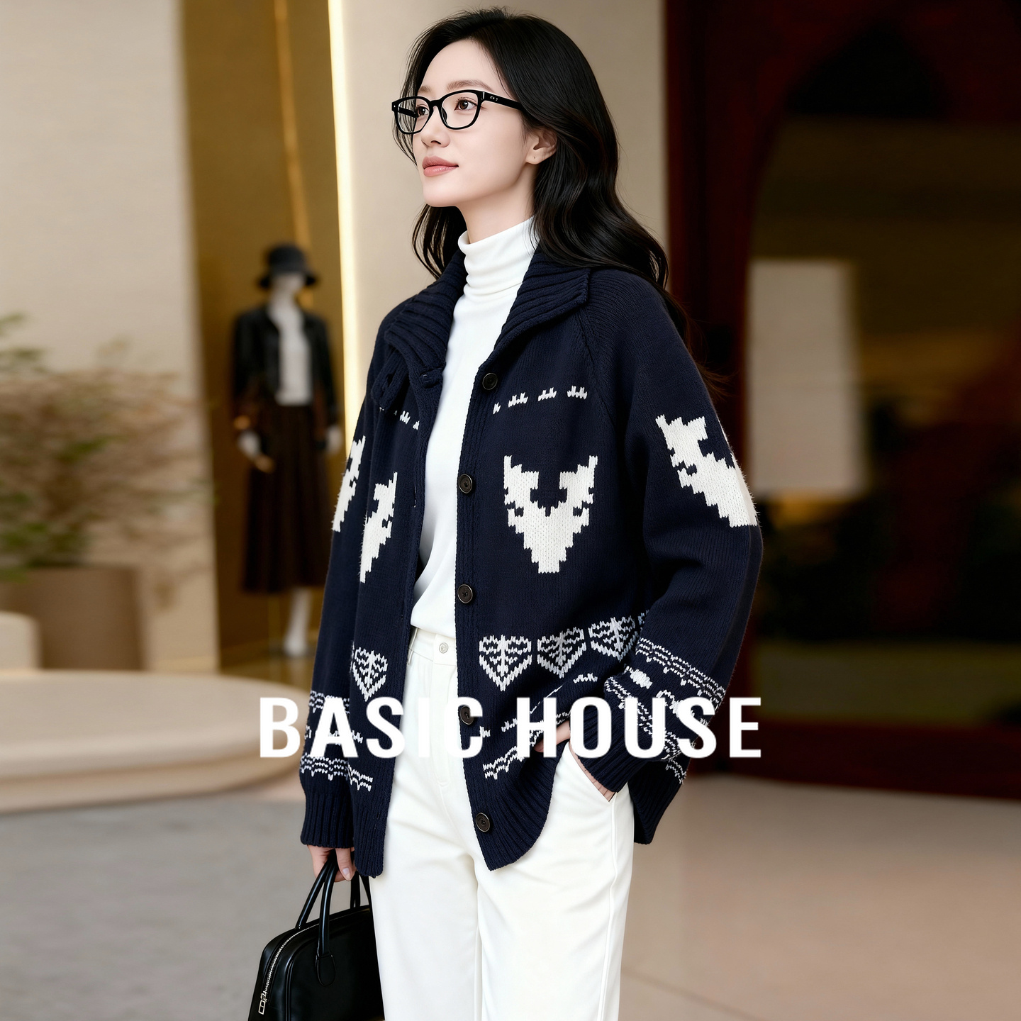 Basic House/百家好复古提花立领针织开衫女秋冬宽松慵懒毛衣外套