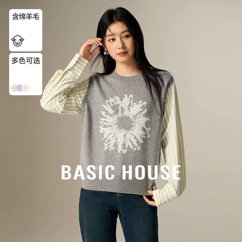 Basic House/百家好绵羊毛假两件刺绣针织衫秋冬撞色拼接圆领上衣
