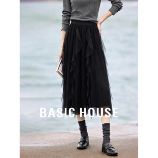 百家好黑色纱裙半身裙女春季 荷叶边设计感小众不规则气质长裙 新款