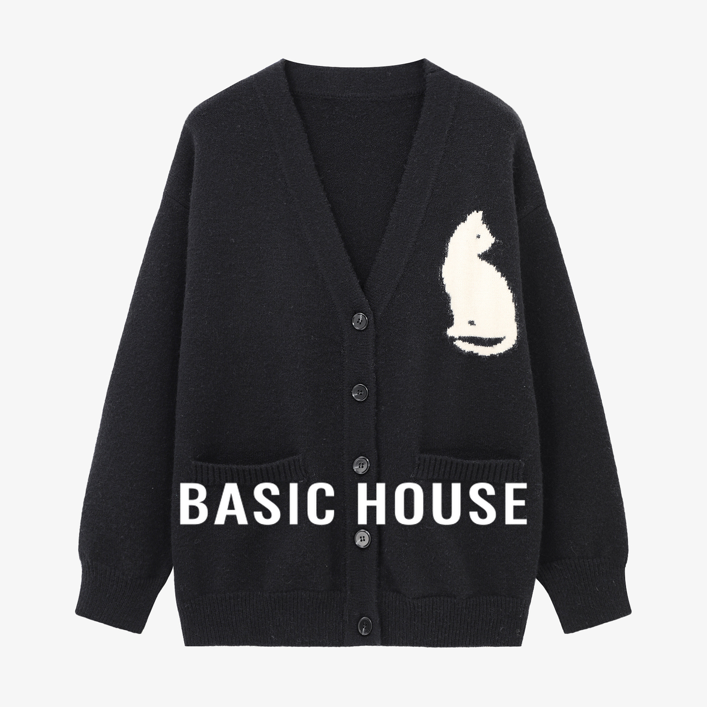 Basic House/百家好黑色V领猫咪提花针织开衫女秋单排扣毛衣外套