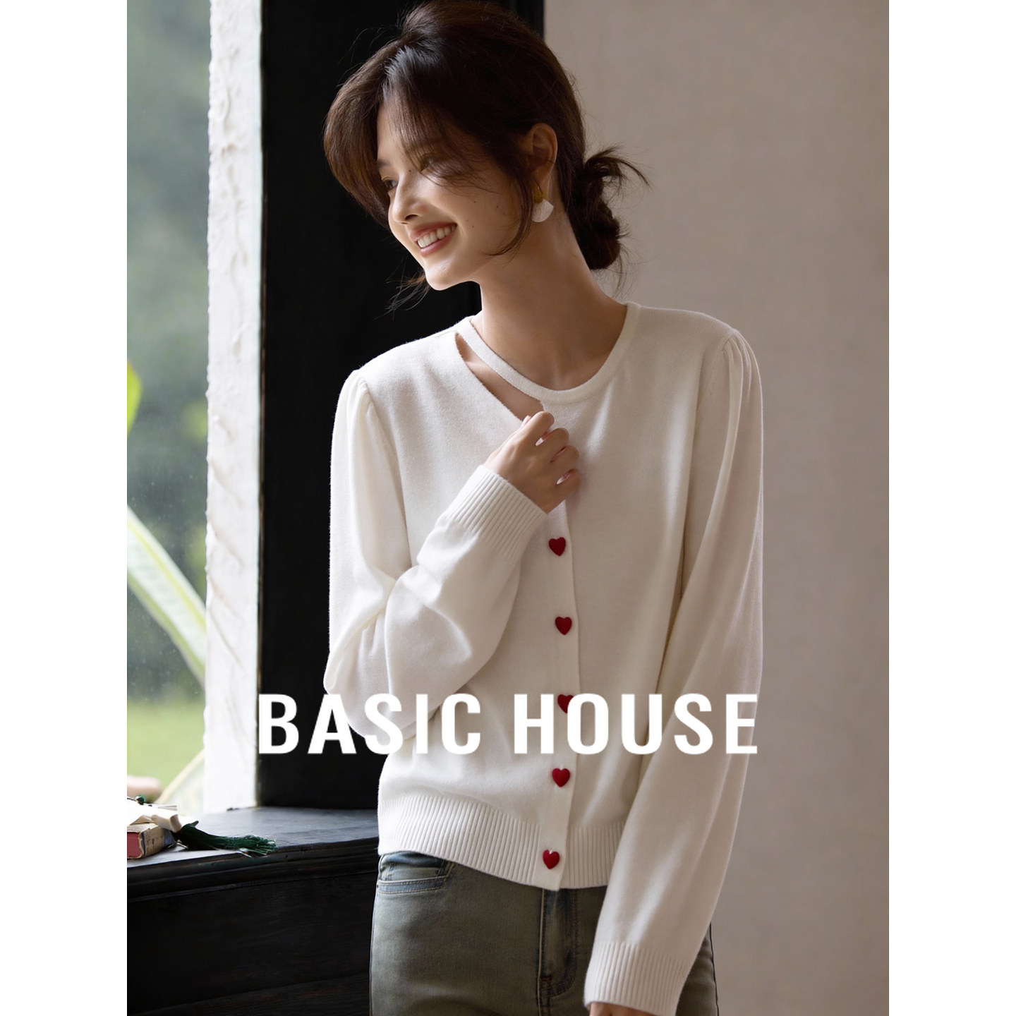 Basic House/百家好春装绵羊毛镂空针织开衫外套爱心扣宽松上衣女,女装/女士精品,毛针织衫,淘宝优惠券,粉丝福利购,淘宝优惠卷