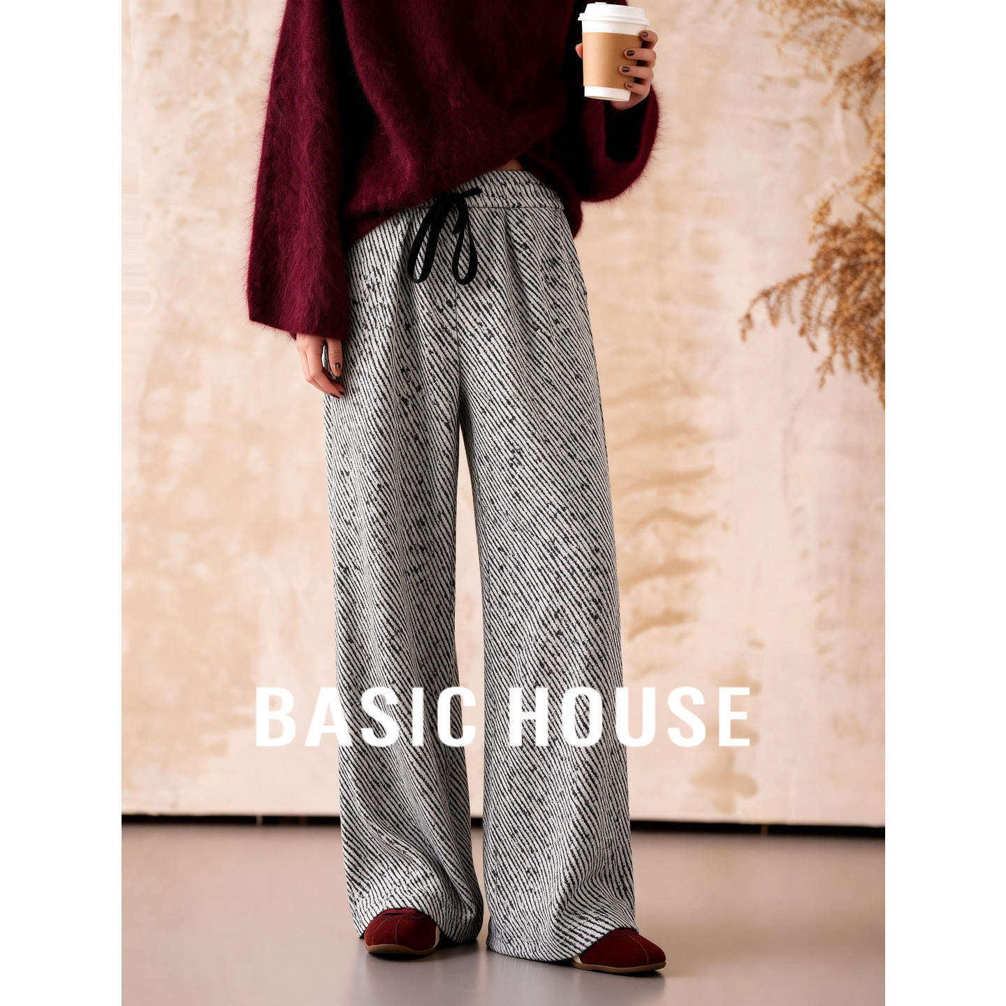 百家好抽绳阔腿立体明线肌理垂感显瘦通勤居家宽松复古质感休闲裤