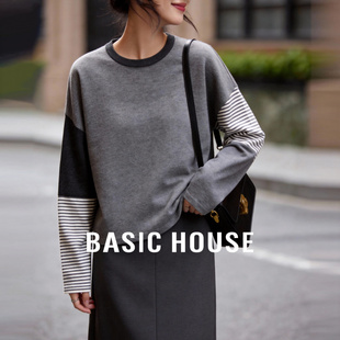 House 长袖 百家好绵羊毛拼接撞色针织衫 打底衫 上衣女 春季 Basic