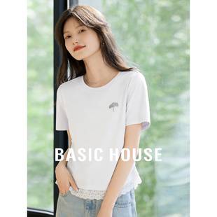 收腰显瘦刺绣设计感上衣 新款 百家好温柔风蕾丝拼接短袖 T恤女春季