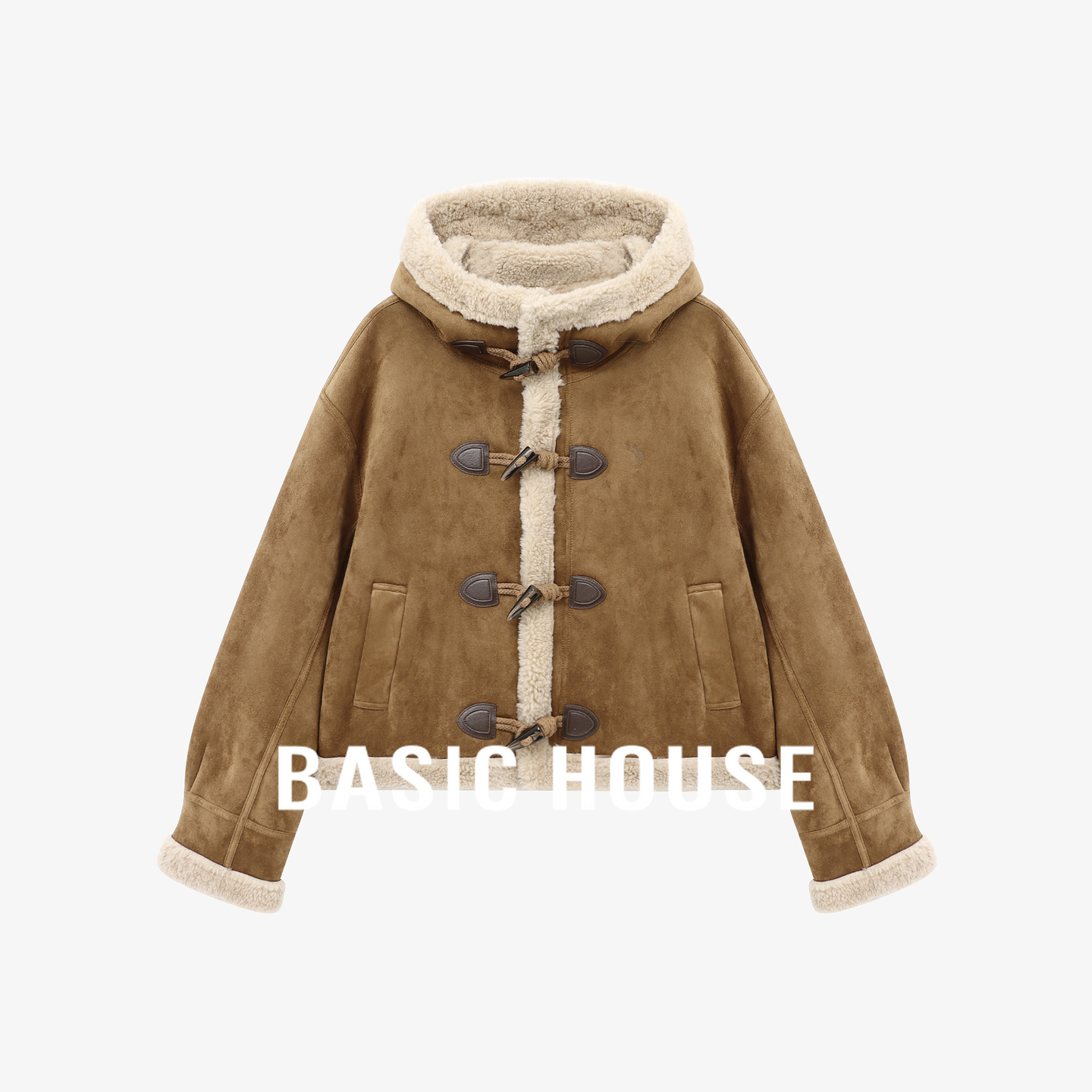 Basic House/百家好复古连帽麂皮加厚外套女冬季新款短款保暖上衣