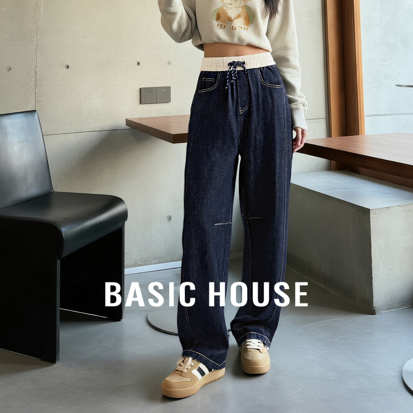 Basic House/百家好高腰拼色抽绳牛仔裤2025秋季宽松休闲阔腿长裤