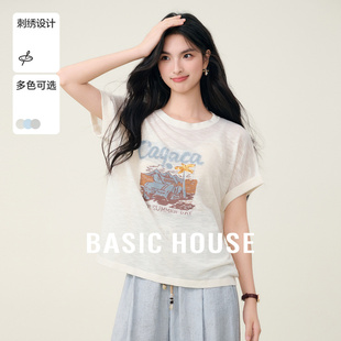 House 短款 百家好卡通刺绣短袖 夏季 圆领撞色套头上衣 针织衫 Basic