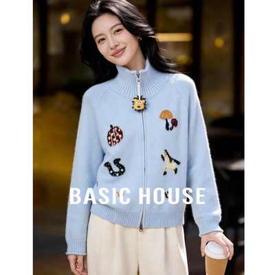 Basic House/百家好浅蓝色卡通立领拉链毛衣女2026春减龄针织开衫