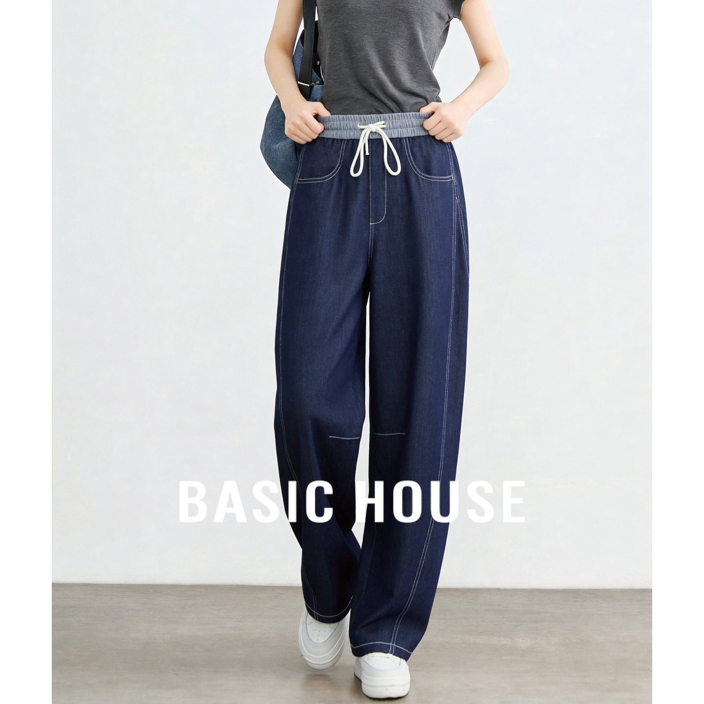 百家好垂感直筒牛仔长裤女春季撞色腰头抽绳明线宽松休闲九分裤子